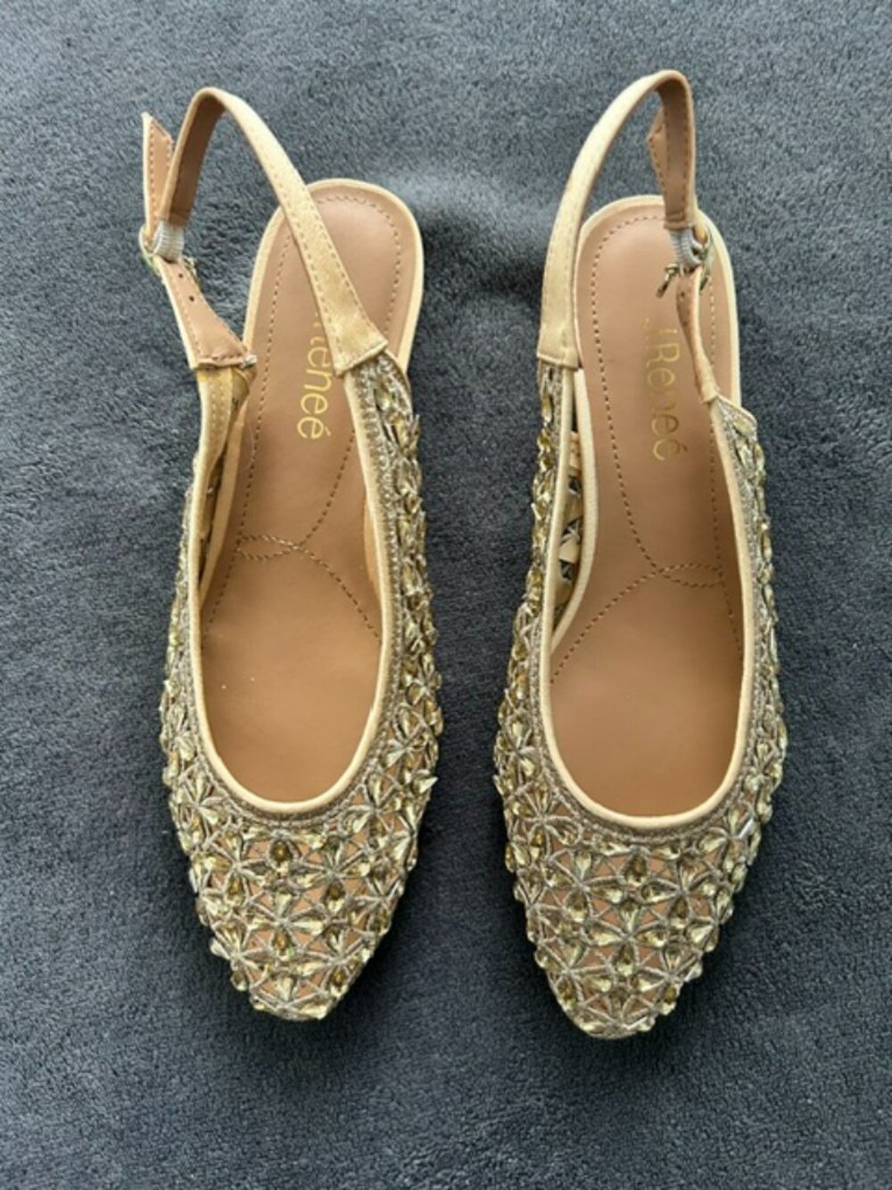 J. Renee Hasini Slingback Shoes Beige Rhinestones, Size 8M